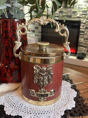Vintage 1970s Burgundy Faux Leather Ice Bucket | Ornate Gold Handle, Made Japan